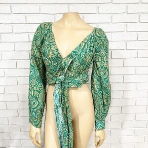 Amazon The Drop Green Paisley Wrap Tie Front Puff Sleeve Crop Top L